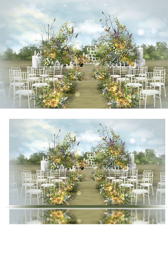 原创清新户外花艺森系婚礼舞台效果图草坪-众图网