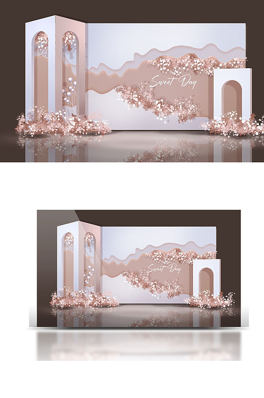 粉白色婚礼合影区清新简约迎宾背景板-众图网