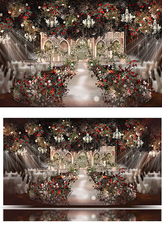 原创欧式大气红绿宫廷花园婚礼舞台效果图