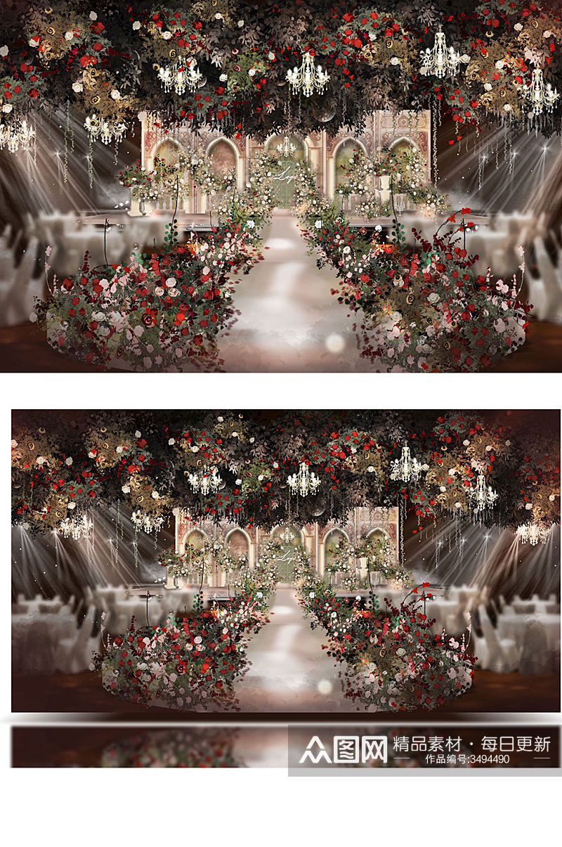 原创欧式大气红绿宫廷花园婚礼舞台效果图素材