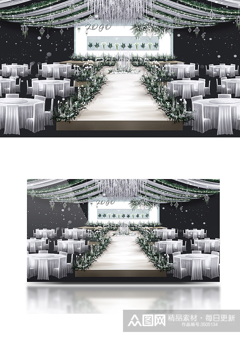 原创白绿色韩式简约婚礼效果图浪漫清新素材
