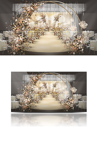 原创香槟色简约花瓣背景婚礼舞台效果图拱门