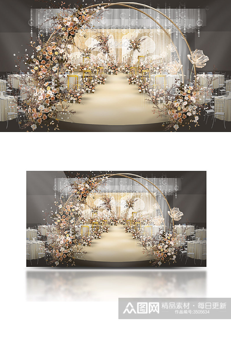 原创香槟色简约花瓣背景婚礼舞台效果图拱门素材