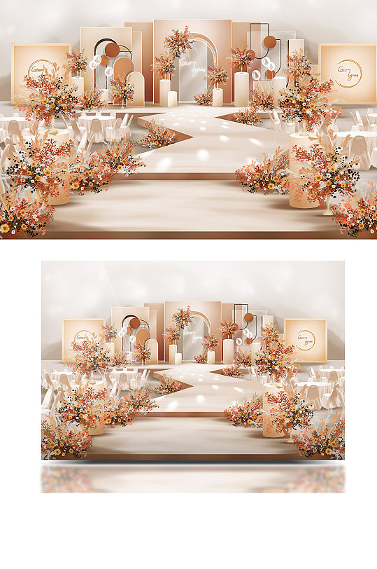 莫兰迪橙橘色奶茶色艺术洞穴婚礼效果图浪漫-众图网