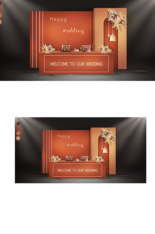 爱马仕橙色简约展示区婚礼效果图签到区背景-众图网