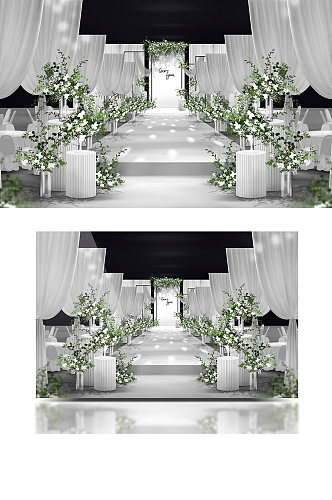 简约极简白绿色清新韩式纱幔婚礼效果图浪漫