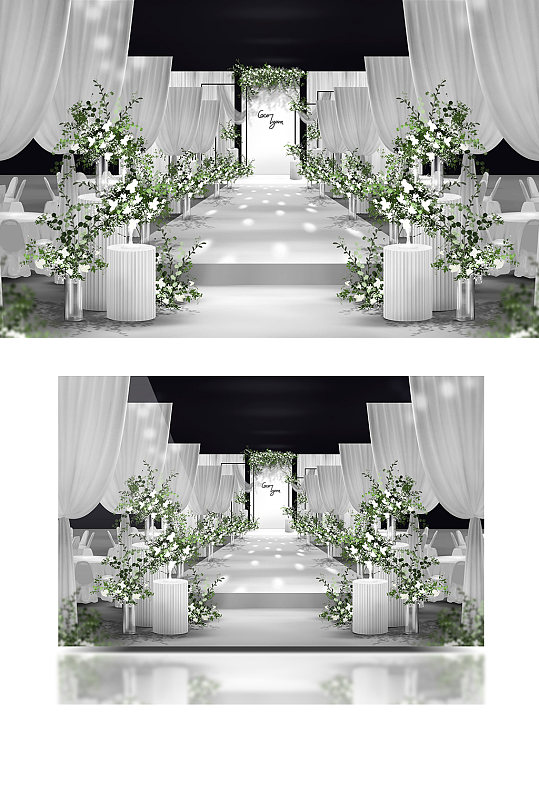 简约极简白绿色清新韩式纱幔婚礼效果图浪漫-众图网