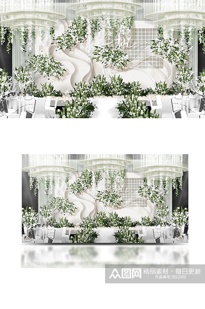 浪漫白绿色婚礼舞台效果图素材