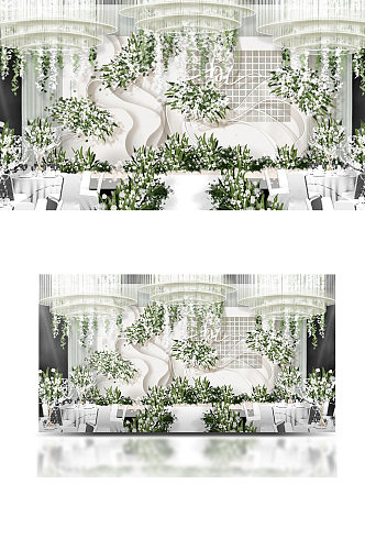 浪漫白绿色婚礼舞台效果图