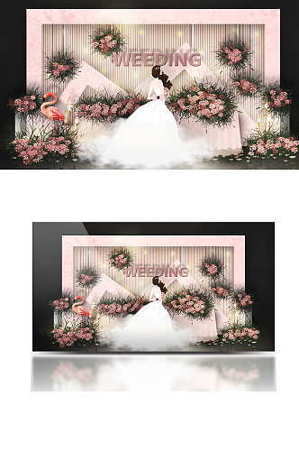 粉色婚礼3D立体签到区效果图迎宾区浪漫