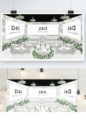 白绿色简约森系婚礼效果图迎宾区背景板