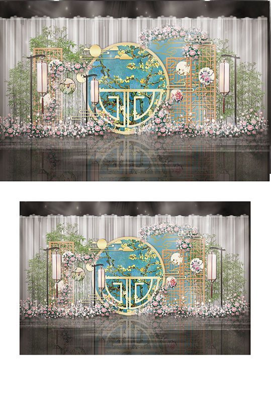 新中式蓝色婚礼工装效果图中国风迎宾区背景-众图网