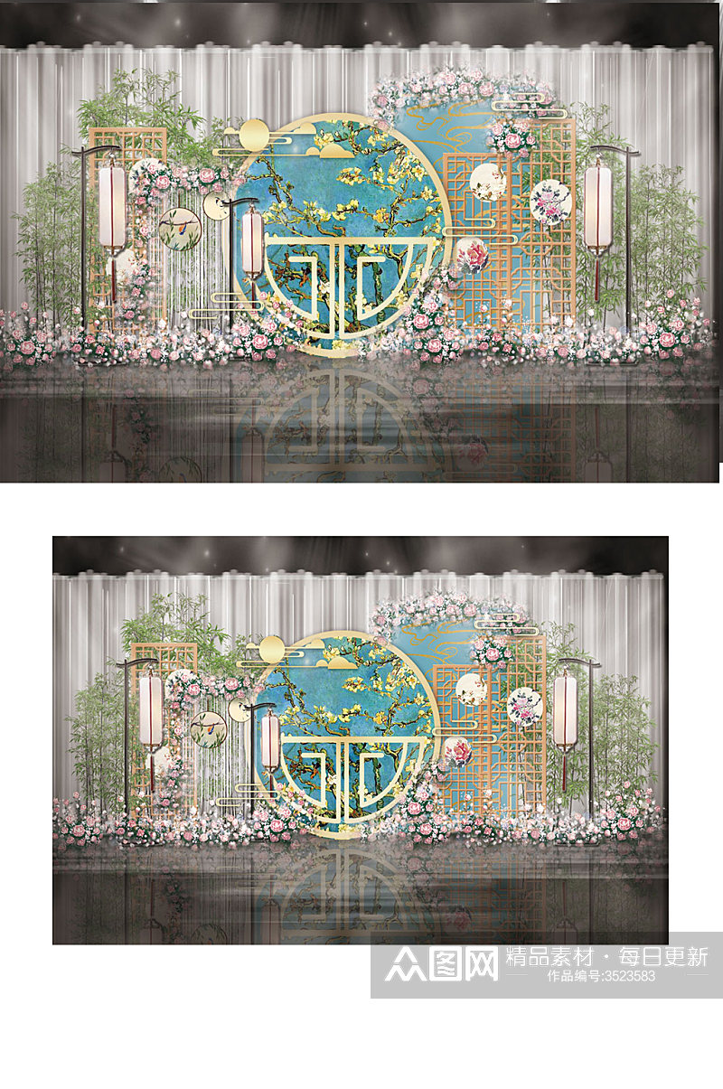 新中式蓝色婚礼工装效果图中国风迎宾区背景素材