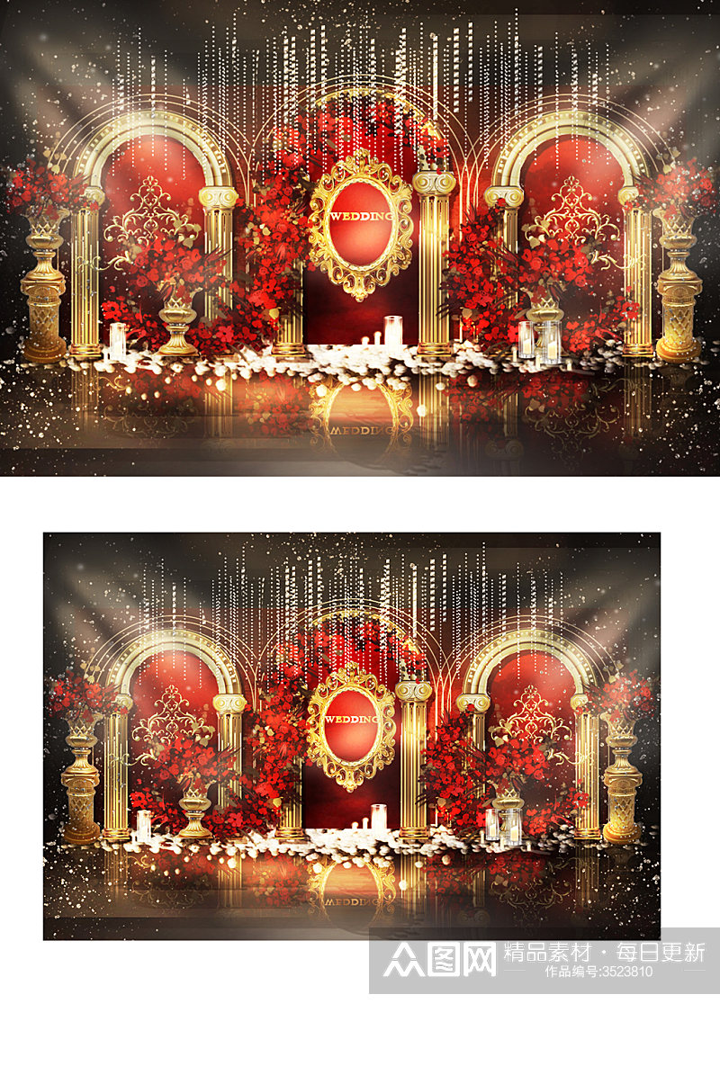欧式婚礼合影区效果图红金色浪漫大气迎宾素材