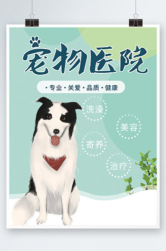 青色宠物动物医院医疗宣传清新插画海报