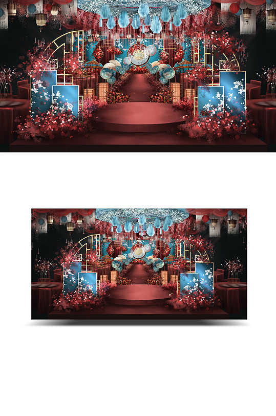 江南新中式红蓝撞色婚礼效果图中国风浪漫-众图网