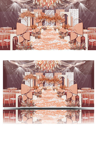 香槟色婚礼效果图轻奢大气浪漫橙色舞台