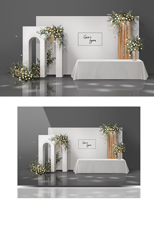 简约极简风白绿橙色小清新婚礼效果图迎宾区