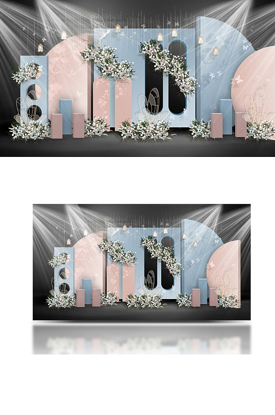 粉蓝色婚礼迎宾区效果图清新简约背景板