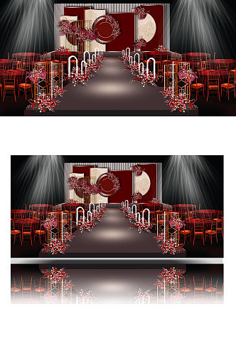 新中式红色婚礼效果图中国风浪漫舞台温馨