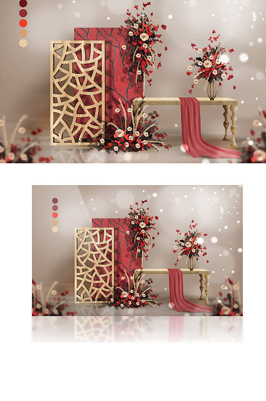 红色红金新中式复古手绘婚礼效果图签到-众图网