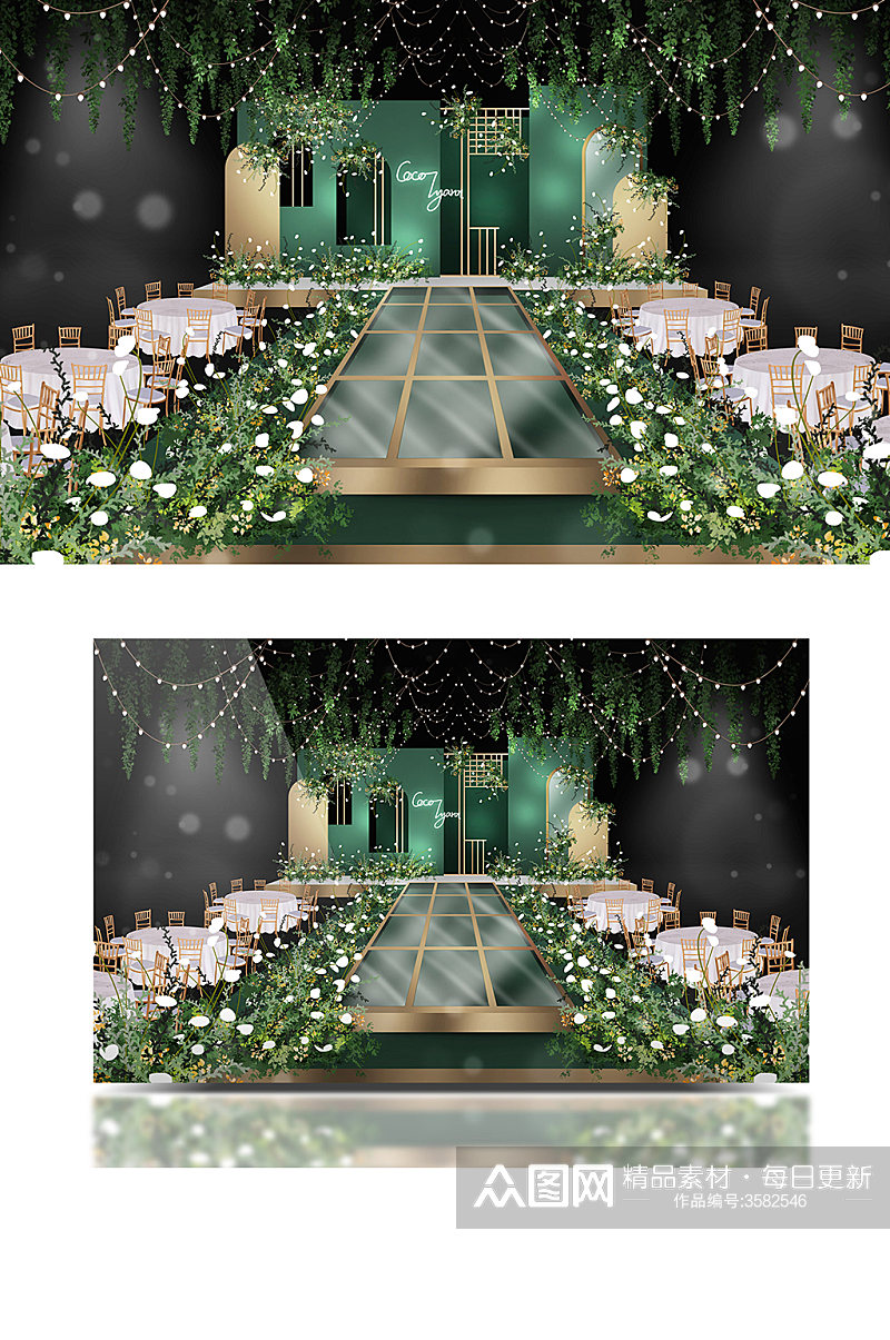 绿植灯串吊顶金绿色浪漫清新森系婚礼效果图素材