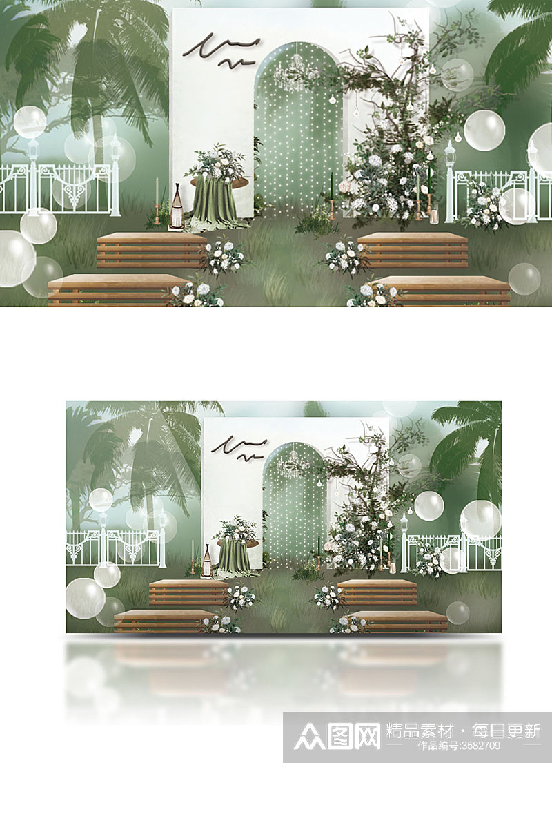三亚草坪森系清新白绿仪式区婚礼手绘素材