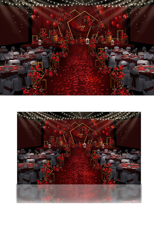 红色婚礼主舞台效果图新中式中国风浪漫