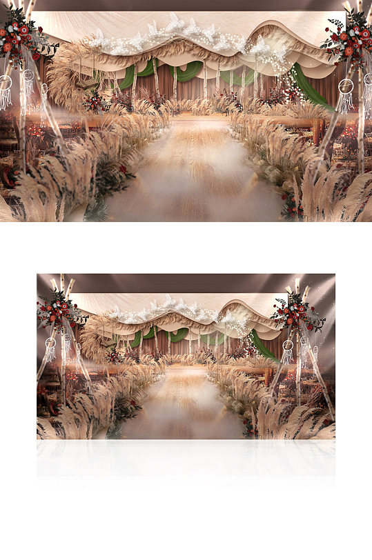 原木风婚礼效果香槟色复古树枝芦苇舞台-众图网
