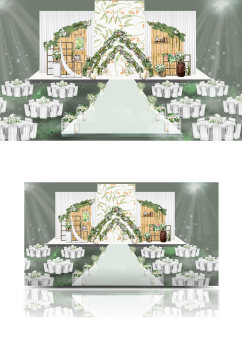 森系婚礼婚礼效果图舞台白绿色浪漫温馨