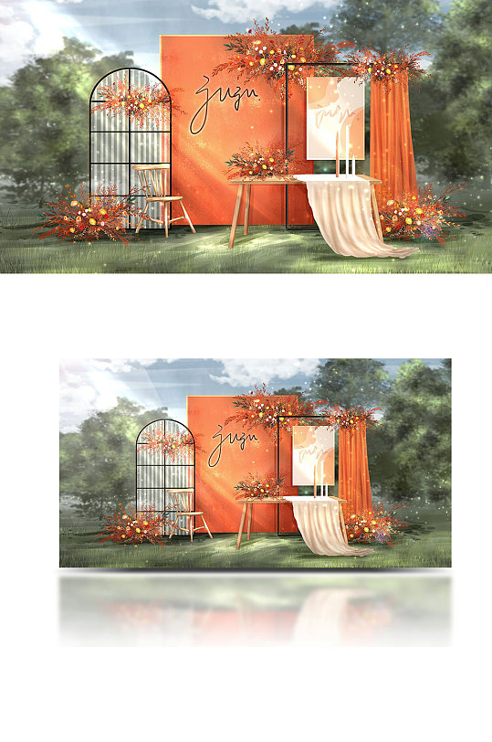 橙色撞色秋色户外婚礼效果图草坪-众图网