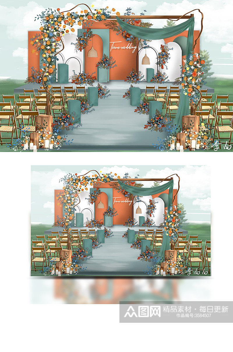 原创LOGO茶绿色橘色撞色婚礼效果图户外素材