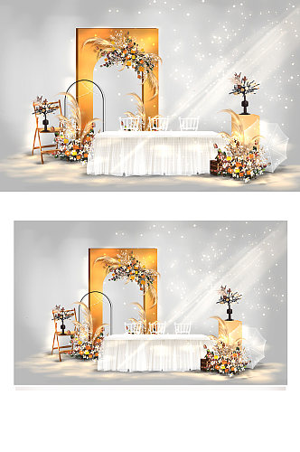 泰式简约风橙色婚礼签到区效果图甜品台
