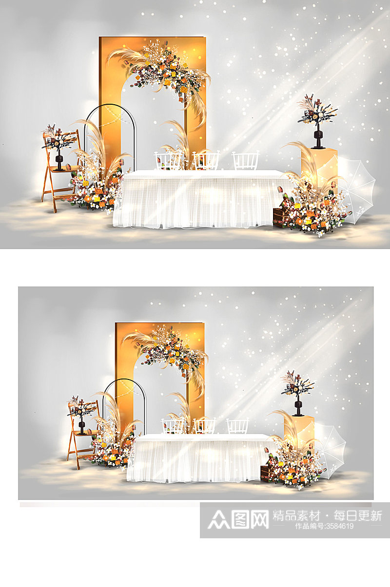 泰式简约风橙色婚礼签到区效果图甜品台素材