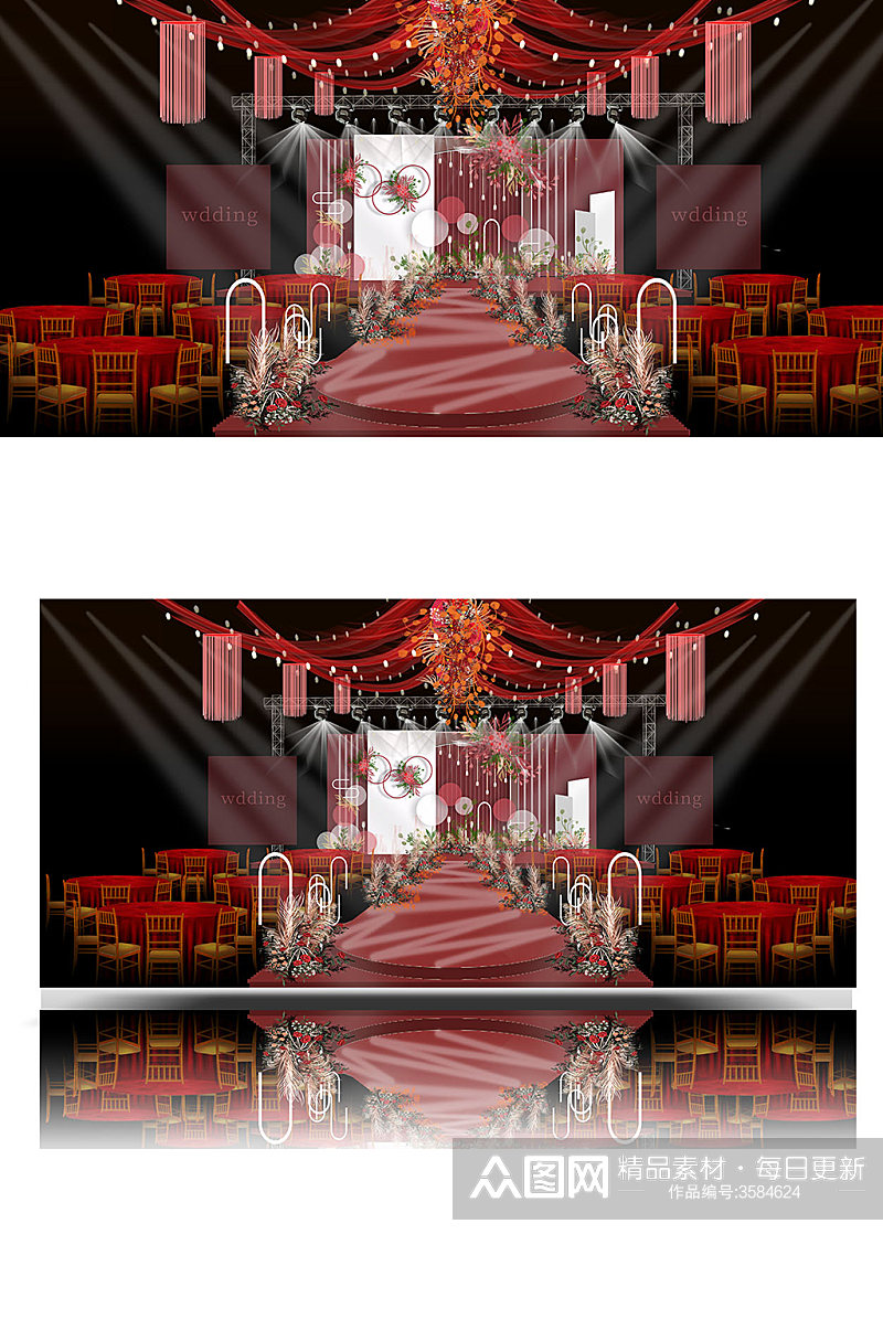 红色婚礼效果图设计浪漫大气舞台温馨素材
