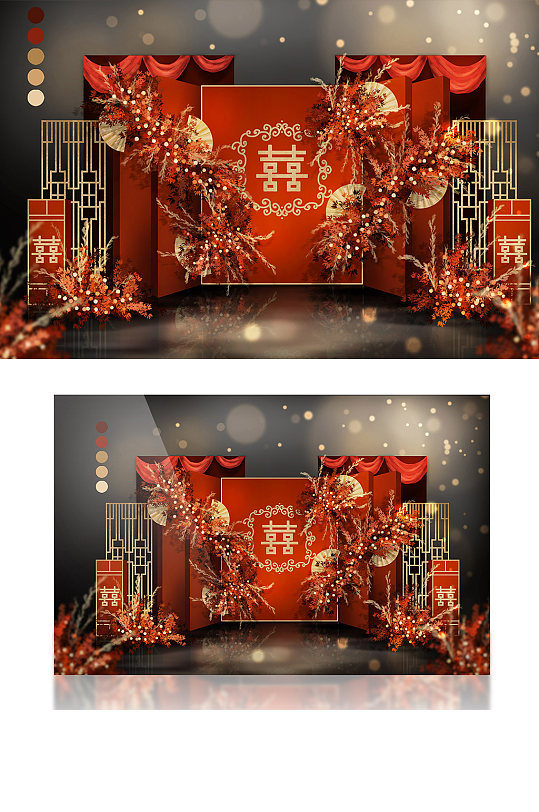 红色红金新中式复古喜庆手绘婚礼效果图