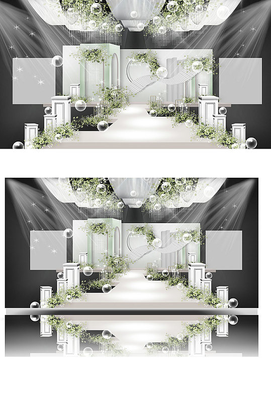 白色配绿色婚礼效果图舞台浪漫清新简约-众图网
