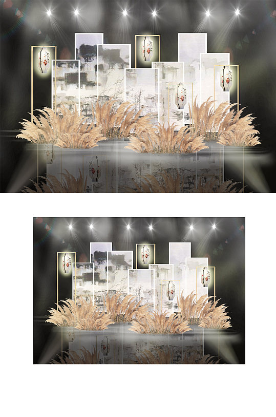 古典江南水乡水墨画灯笼芦苇婚礼效果图清新-众图网