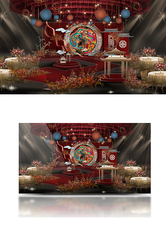 玄幻风中式婚礼效果图红色复古浪漫温馨-众图网