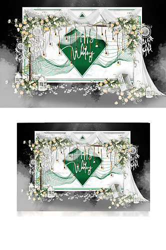 白绿色小清新婚礼迎宾区效果图合影背景板