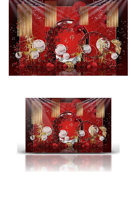 红金色系中式婚礼效果图花艺通透-众图网