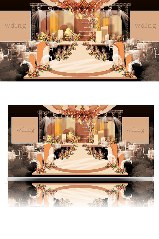 秋天橘色婚礼迎宾区效果图设计舞台温馨