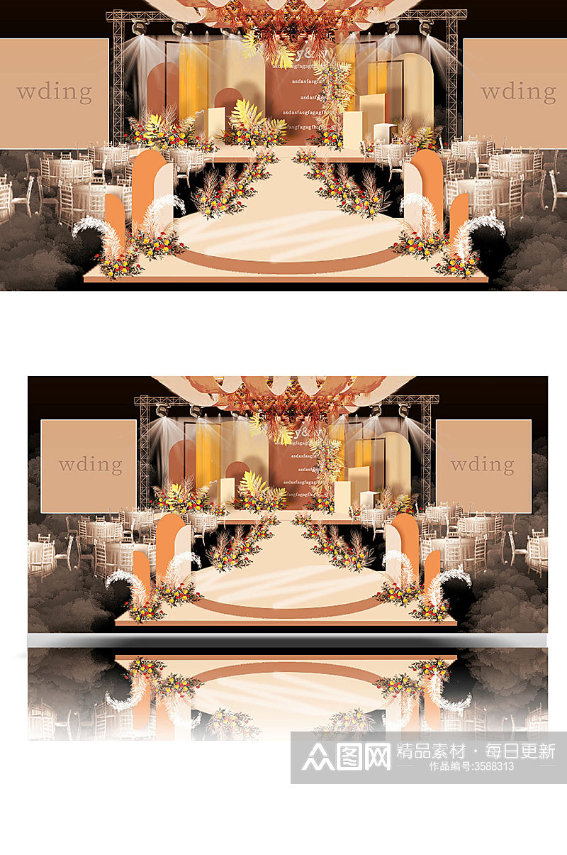 秋天橘色婚礼迎宾区效果图设计舞台温馨素材