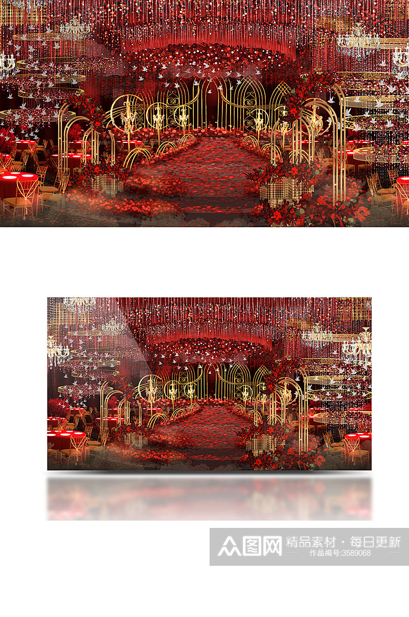 红色婚礼手绘效果图金色轻奢浪大气素材