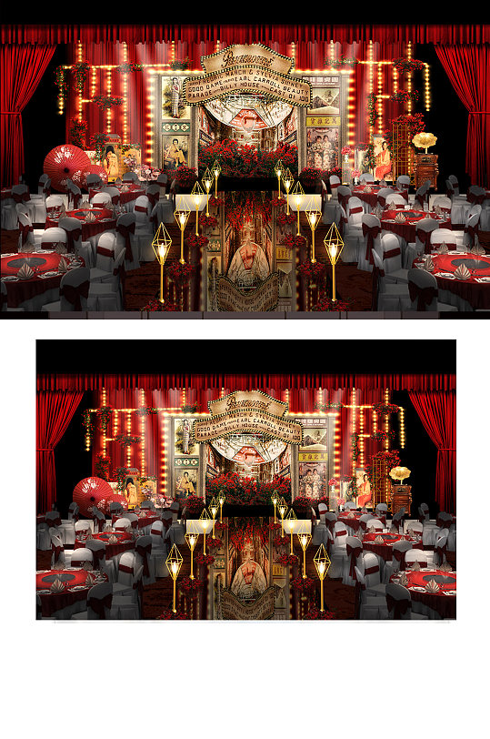 民国风婚礼舞台浪漫温馨红金色大气-众图网