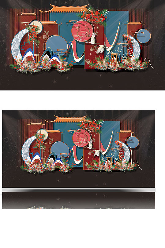 国潮蓝撞蓝婚礼效果图红色迎宾背景板-众图网