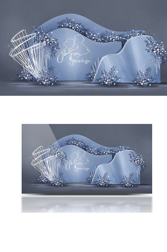 复古小清新海洋蓝色婚礼效果图合影区-众图网