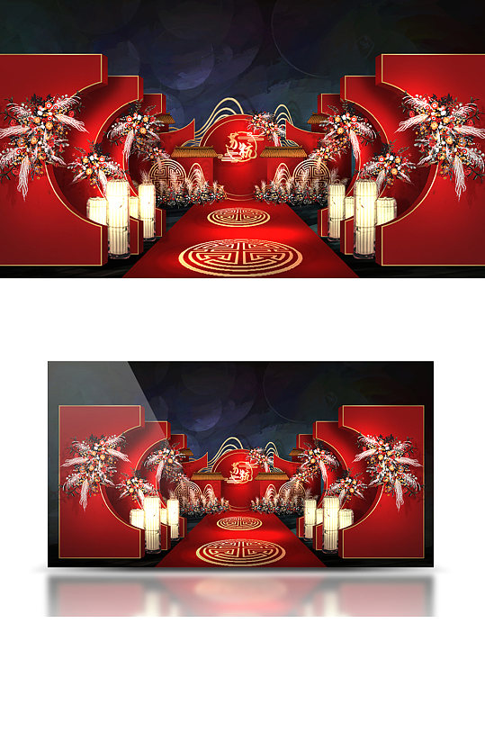 红色新中式婚礼留影区效果图大气中国风