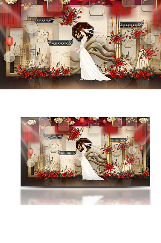 新中式婚礼效果图大气中国风浪漫轻奢红金色-众图网