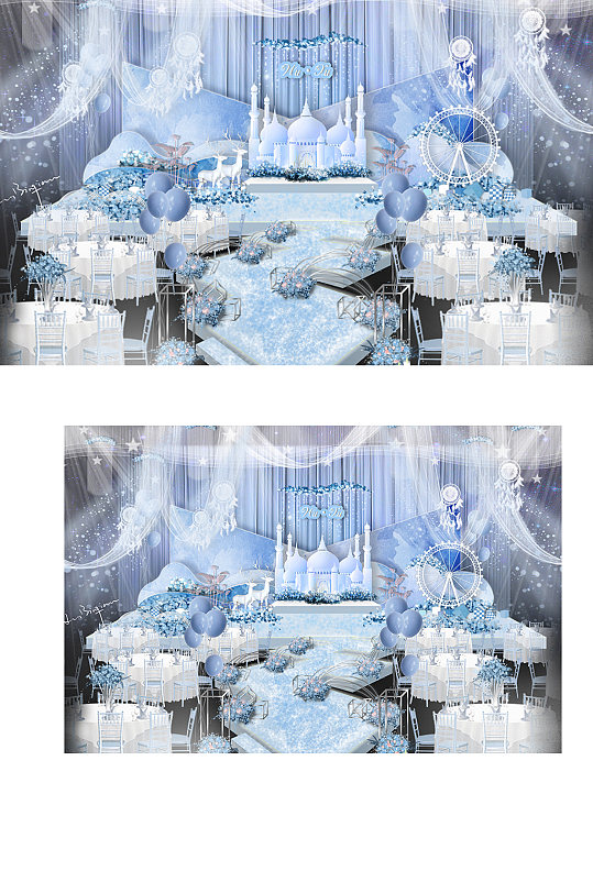 蓝白色梦幻城堡摩天轮婚礼仪式区效果图